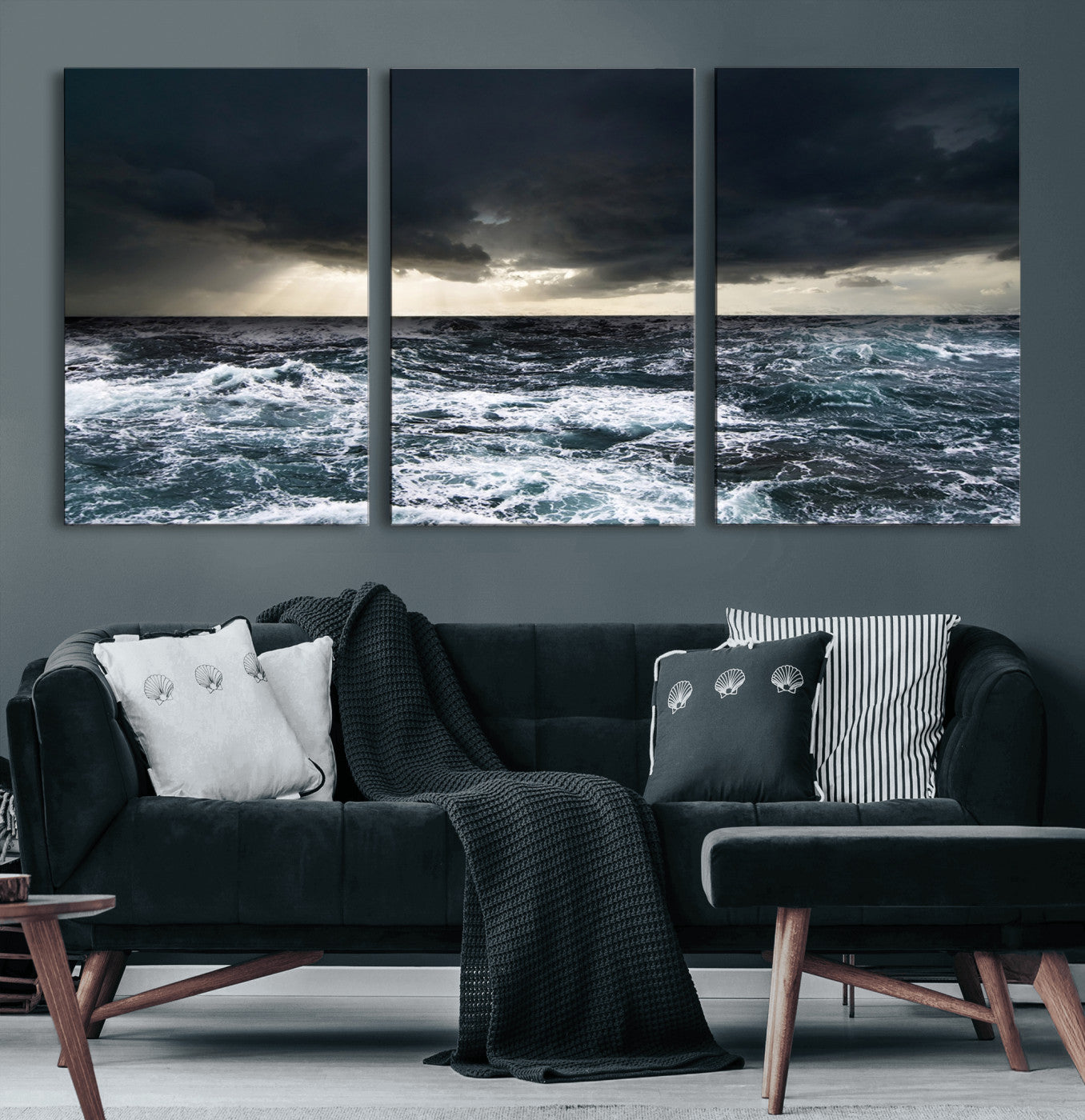 42607-MGV-CV-60X30-3P-Stormy Ocean Wall Art – Dramatic Sea and Sky Canvas Print with Sun Rays, Moody Nature Decor for Living Room, Office, Bedroom or