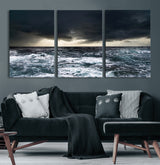 42607-MGV-CV-60X30-3P-Stormy Ocean Wall Art – Dramatic Sea and Sky Canvas Print with Sun Rays, Moody Nature Decor for Living Room, Office, Bedroom or