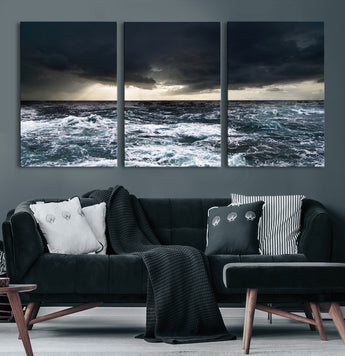 42607-MGV-CV-60X30-3P-Stormy Ocean Wall Art – Dramatic Sea and Sky Canvas Print with Sun Rays, Moody Nature Decor for Living Room, Office, Bedroom or