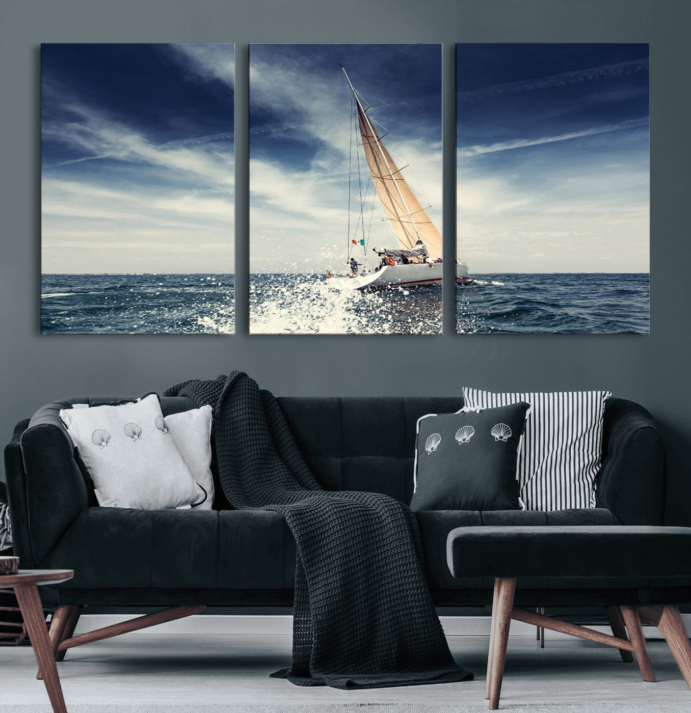 75430-MGV-CV-60X30-3P-Sailing Boat Wall Art – Dynamic Ocean Yacht Canvas Print, Nautical Decor for Living Room, Office, Beach House or Cabin
