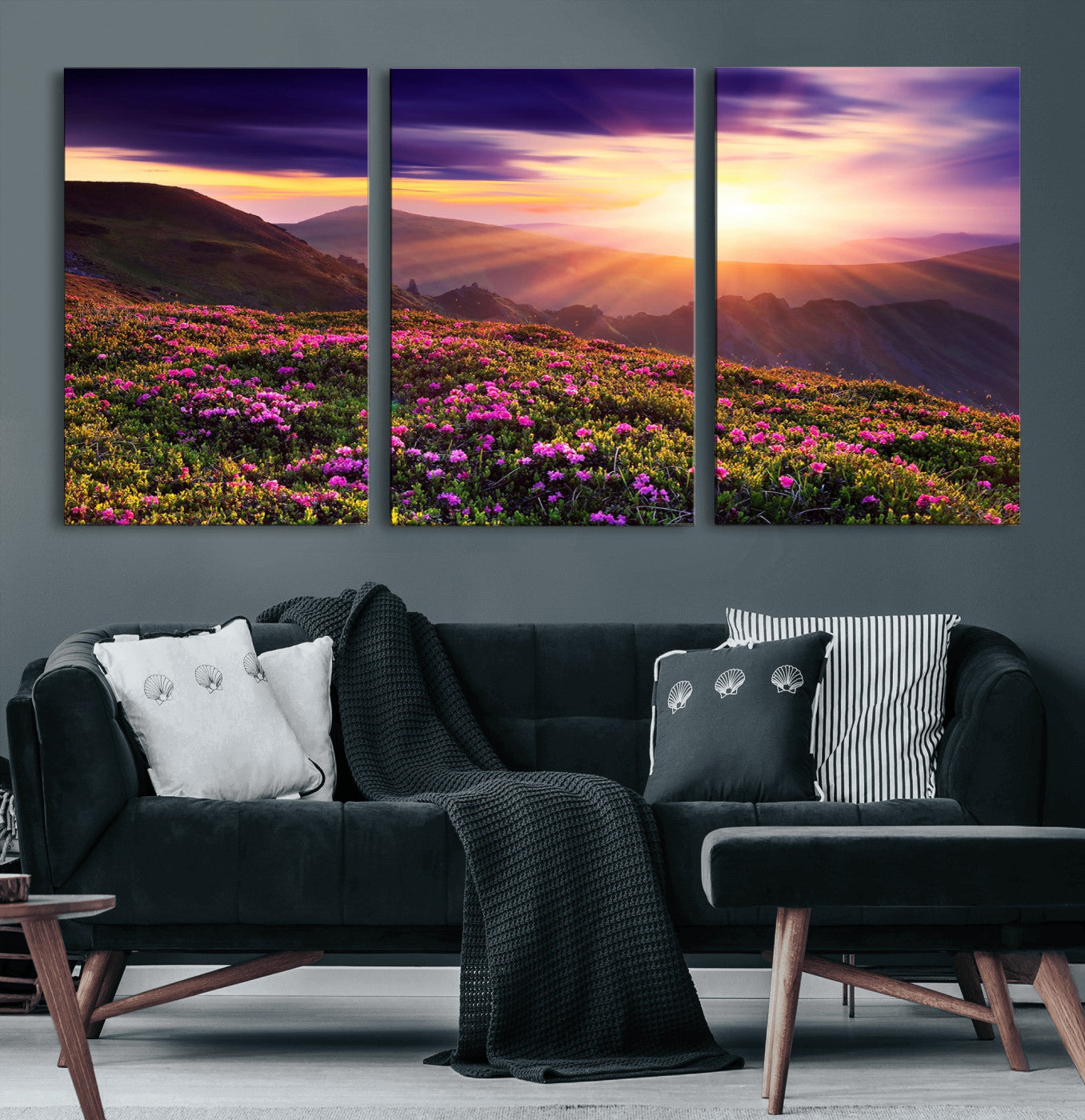 49741-MGV-CV-60X30-3P-Mountain Sunrise Wall Art – Vibrant Floral Landscape Canvas Print, Nature Home Decor for Living Room, Bedroom Office or Cabin