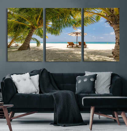 83601-MGV-CV-60X30-3P-Tropical Beach Wall Art – Serene Palm Trees and Lounge Chairs Canvas Print, Relaxing Coastal Decor for Living Room, Bedroom or