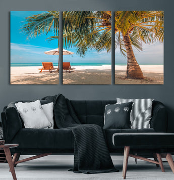 69754-MGV-CV-60X30-3P-Tropical Beach Wall Art – Relaxing Palm Tree and Lounge Chairs Canvas Print, Serene Coastal Decor for Living Room, Bedroom, Office