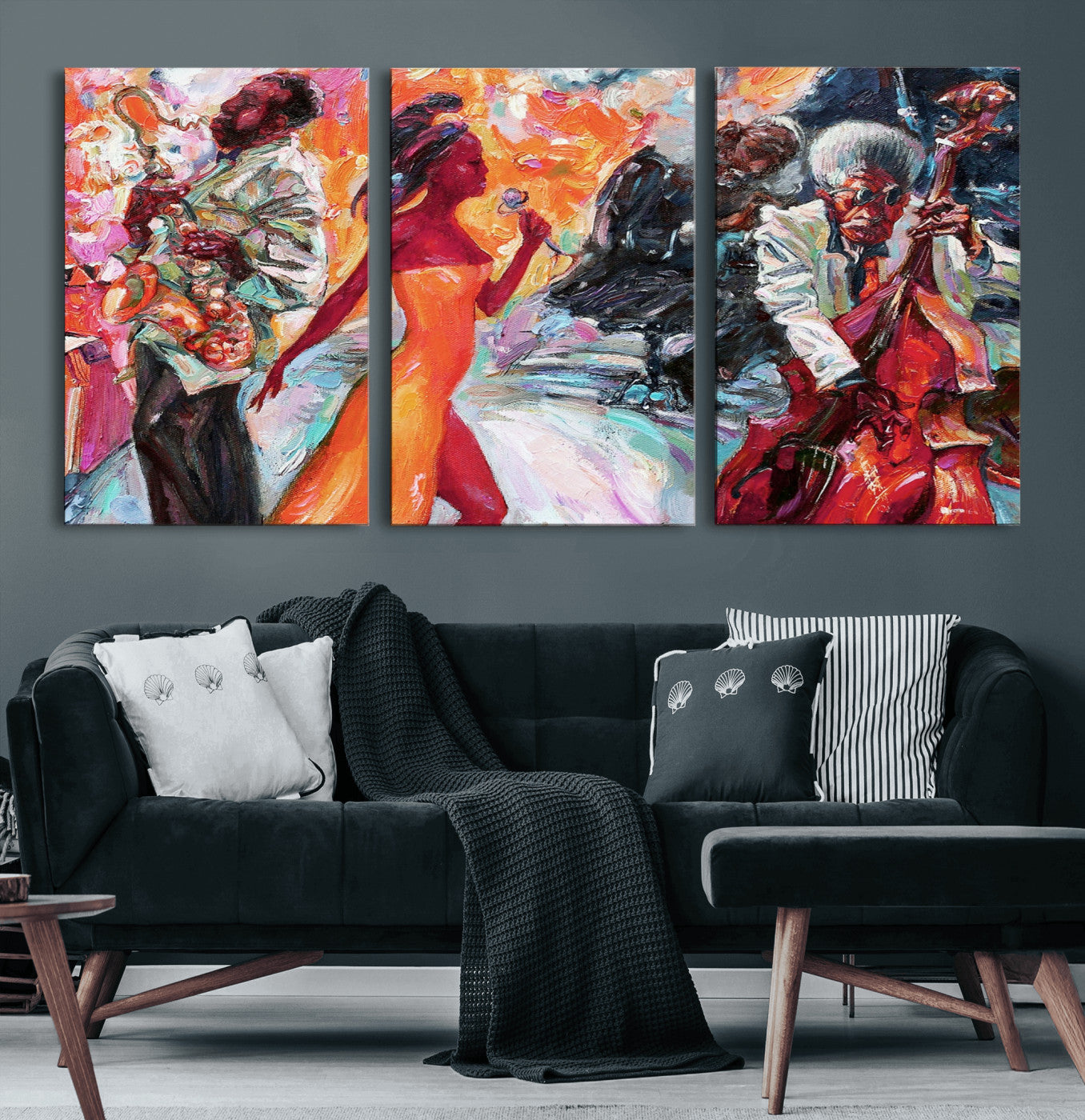 24452-MGV-CV-60X30-3P-Vibrant Jazz Musician Painting - Expressive Art Print of Live Jazz Band, Perfect Wall Decor for Music Lovers and Art Enthusiasts