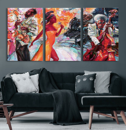24452-MGV-CV-60X30-3P-Vibrant Jazz Musician Painting - Expressive Art Print of Live Jazz Band, Perfect Wall Decor for Music Lovers and Art Enthusiasts
