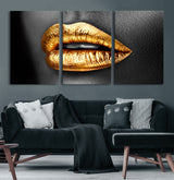84747-MGV-CV-60X30-3P-Golden Lips Black & White Portrait – Glamorous Metallic Lip Art Print, Modern Wall Decor for Bedroom, Beauty & Fashion Lover Gift