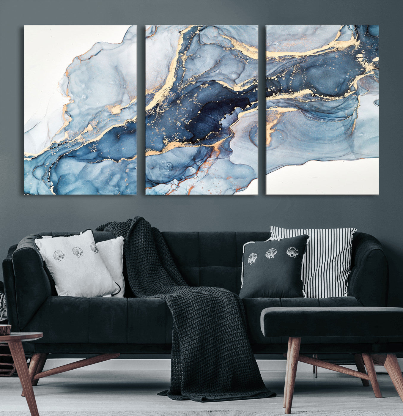 33782-MGV-CV-60X30-3P-Abstract Marble Wall Art – Blue & Gold Fluid Painting Canvas Print, Modern Home Decor for Living Room, Bedroom or Office