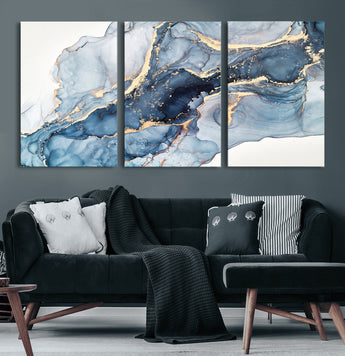 33782-MGV-CV-60X30-3P-Abstract Marble Wall Art – Blue & Gold Fluid Painting Canvas Print, Modern Home Decor for Living Room, Bedroom or Office