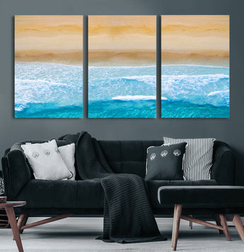 43046-MGV-CV-60X30-3P-Aerial Beach Wall Art – Serene Ocean Waves & Sandy Shore Canvas Print, Coastal Home Decor for Living Room, Bedroom or Office
