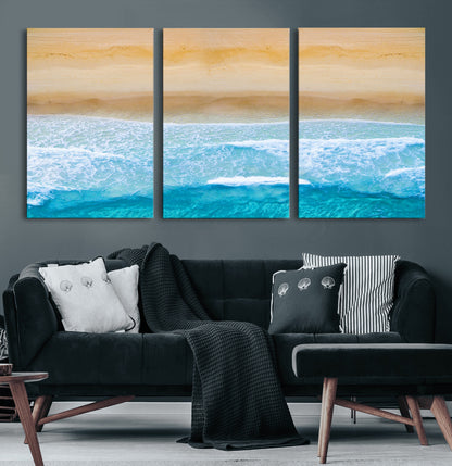 43046-MGV-CV-60X30-3P-Aerial Beach Wall Art – Serene Ocean Waves & Sandy Shore Canvas Print, Coastal Home Decor for Living Room, Bedroom or Office