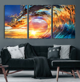 52890-MGV-CV-36X24-Surfing Wave Wall Art Canvas Print, Framed Sunset Ocean Art Picture Print, Ocean Wave Perfect Nautical Decor Artwork