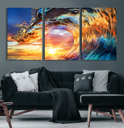 52890-MGV-CV-36X24-Surfing Wave Wall Art Canvas Print, Framed Sunset Ocean Art Picture Print, Ocean Wave Perfect Nautical Decor Artwork