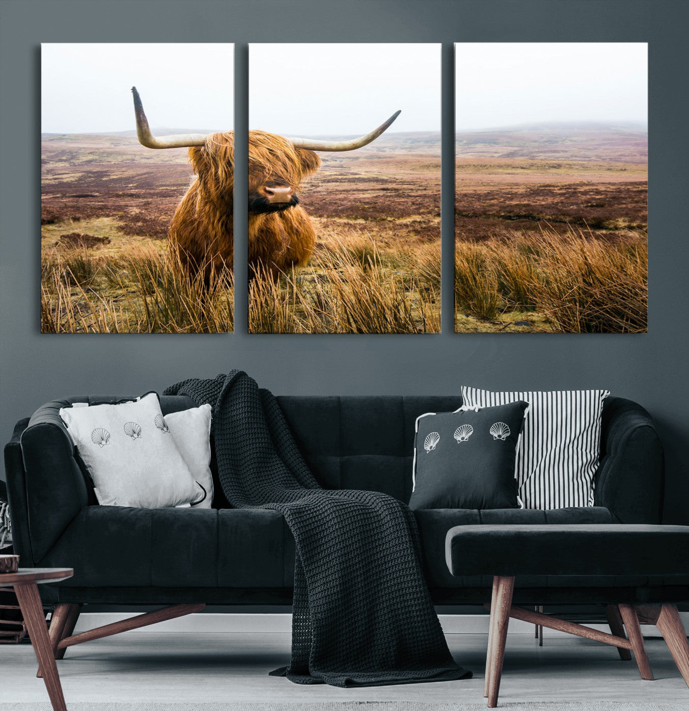 79391-MGV-CV-60X30-3P-Majestic Highland Cow in Misty Scottish Moorland – Rustic Natural Charm, Perfect for Unique Home or Office Decor