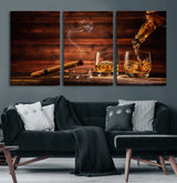 41139-MGV-CV-60X30-3P-Whiskey and Cigar Still Life – Glasses with Ice and Pouring Amber Drink on Wooden Table with Smoke, Elegant Bar or Lounge Wall