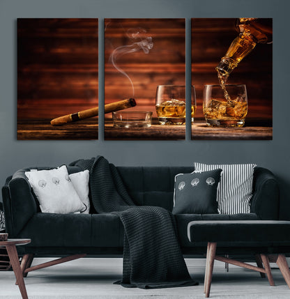 41139-MGV-CV-60X30-3P-Whiskey and Cigar Still Life – Glasses with Ice and Pouring Amber Drink on Wooden Table with Smoke, Elegant Bar or Lounge Wall