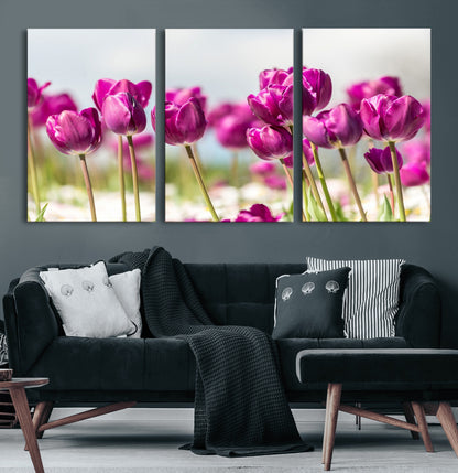 30632-MGV-CV-60X30-3P-Purple Tulip Field Wall Art – Beautiful Spring Flowers Canvas Print with Soft Focus and Bright Sky, Ideal Floral Decor for Home or