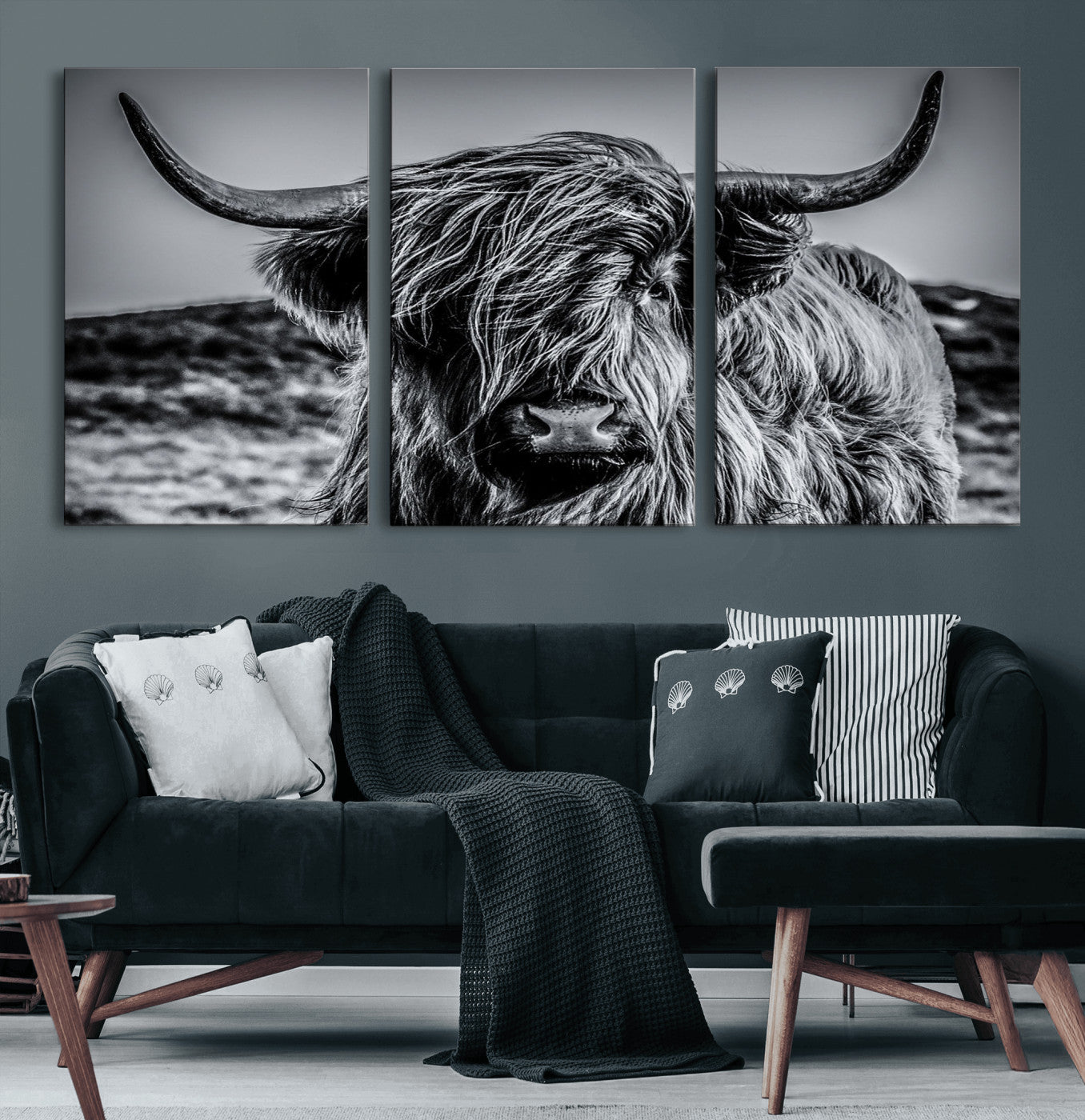 97372-MGV-CV-36X24-Elegant Highland Cow Wall Art – Black and White Canvas Print, Rustic Nature Decor for Home, Office, Living Room or Man Cave