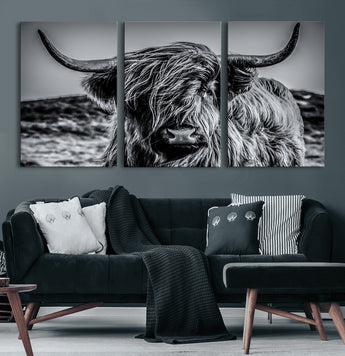97372-MGV-CV-36X24-Elegant Highland Cow Wall Art – Black and White Canvas Print, Rustic Nature Decor for Home, Office, Living Room or Man Cave