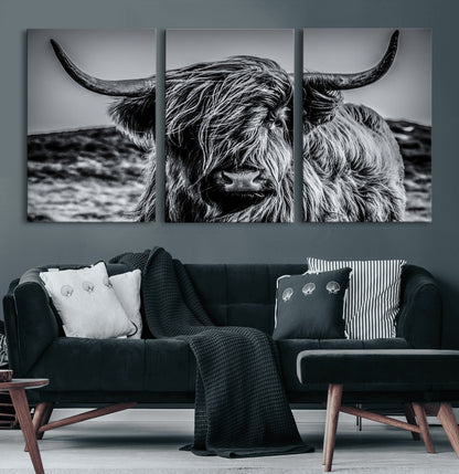 97372-MGV-CV-36X24-Elegant Highland Cow Wall Art – Black and White Canvas Print, Rustic Nature Decor for Home, Office, Living Room or Man Cave