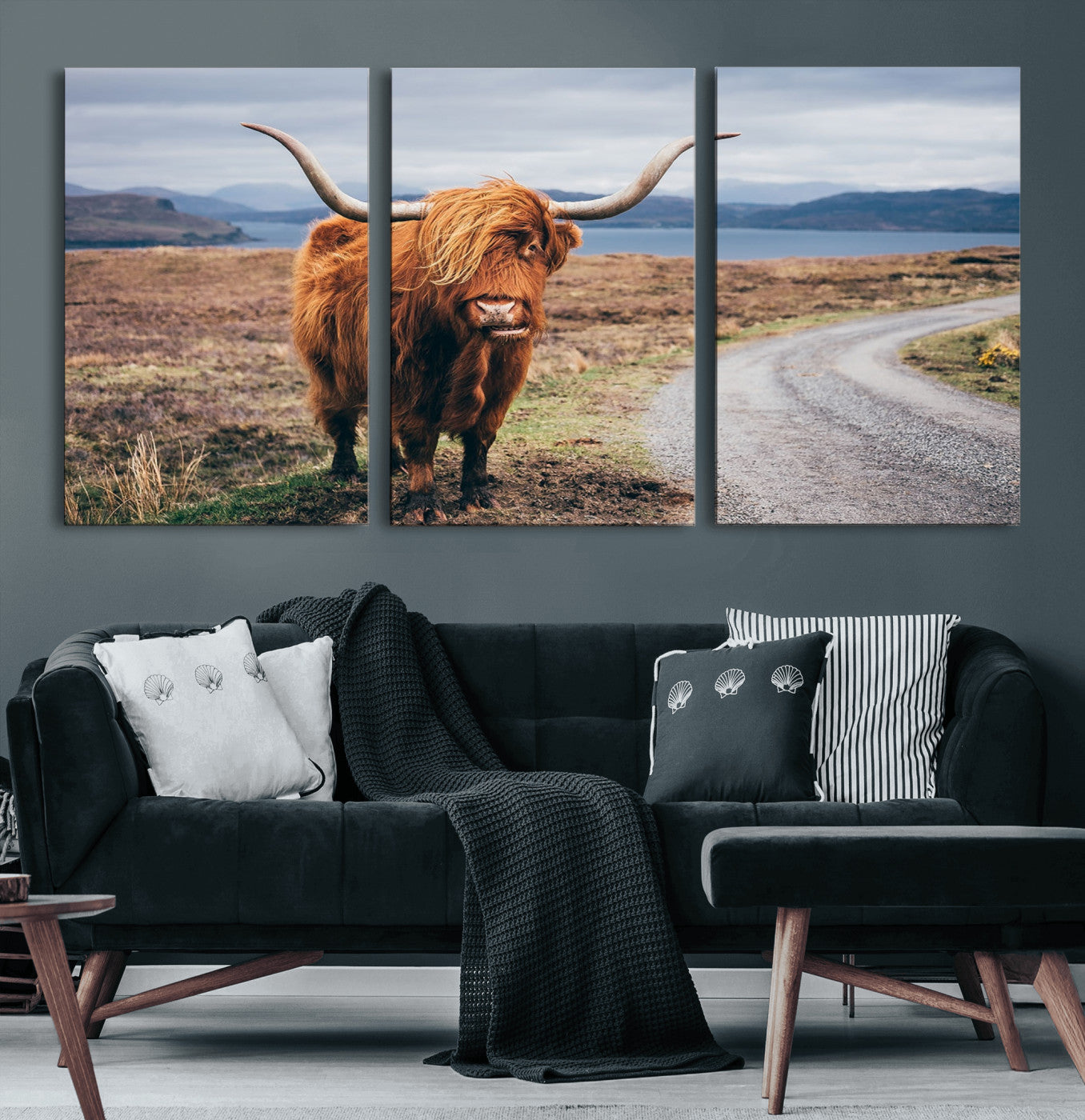 56121-MGV-CV-60X30-3P-Rustic Highland Cow Wall Art – Panoramic Nature Canvas Print, Perfect Decor for Home, Office, Living Room or Man Cave