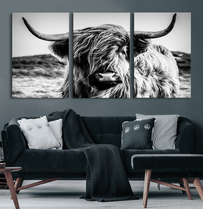 36979-MGV-CV-60X30-3P-Striking black-and-white portrait of a Highland cow with flowing fur and majestic horns, perfect for rustic and elegant home or