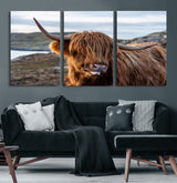 71222-MGV-CV-60X30-3P-A playful Highland cow with shaggy fur sticks out its tongue, set against a rugged landscape — perfect for quirky home or office