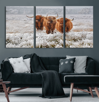 10396-MGV-CV-60X30-3P-Highland Cattle Wall Art – Rustic Winter Landscape Canvas Print, Farmhouse Decor for Living Room, Office, Cabin or Country Home