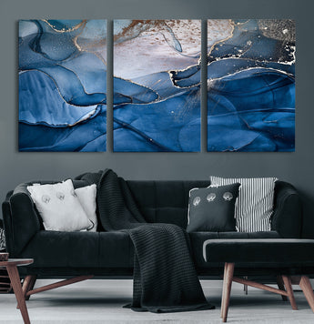 27810-MGV-CV-60X30-3P-Abstract Blue Gold Fluid Art Wall – Modern Canvas Print, Elegant Home & Office Wall Art, Stylish Living Room or Bedroom Decor