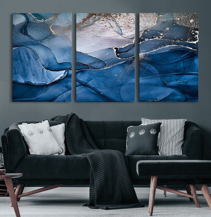 27810-MGV-CV-60X30-3P-Abstract Blue Gold Fluid Art Wall – Modern Canvas Print, Elegant Home & Office Wall Art, Stylish Living Room or Bedroom Decor