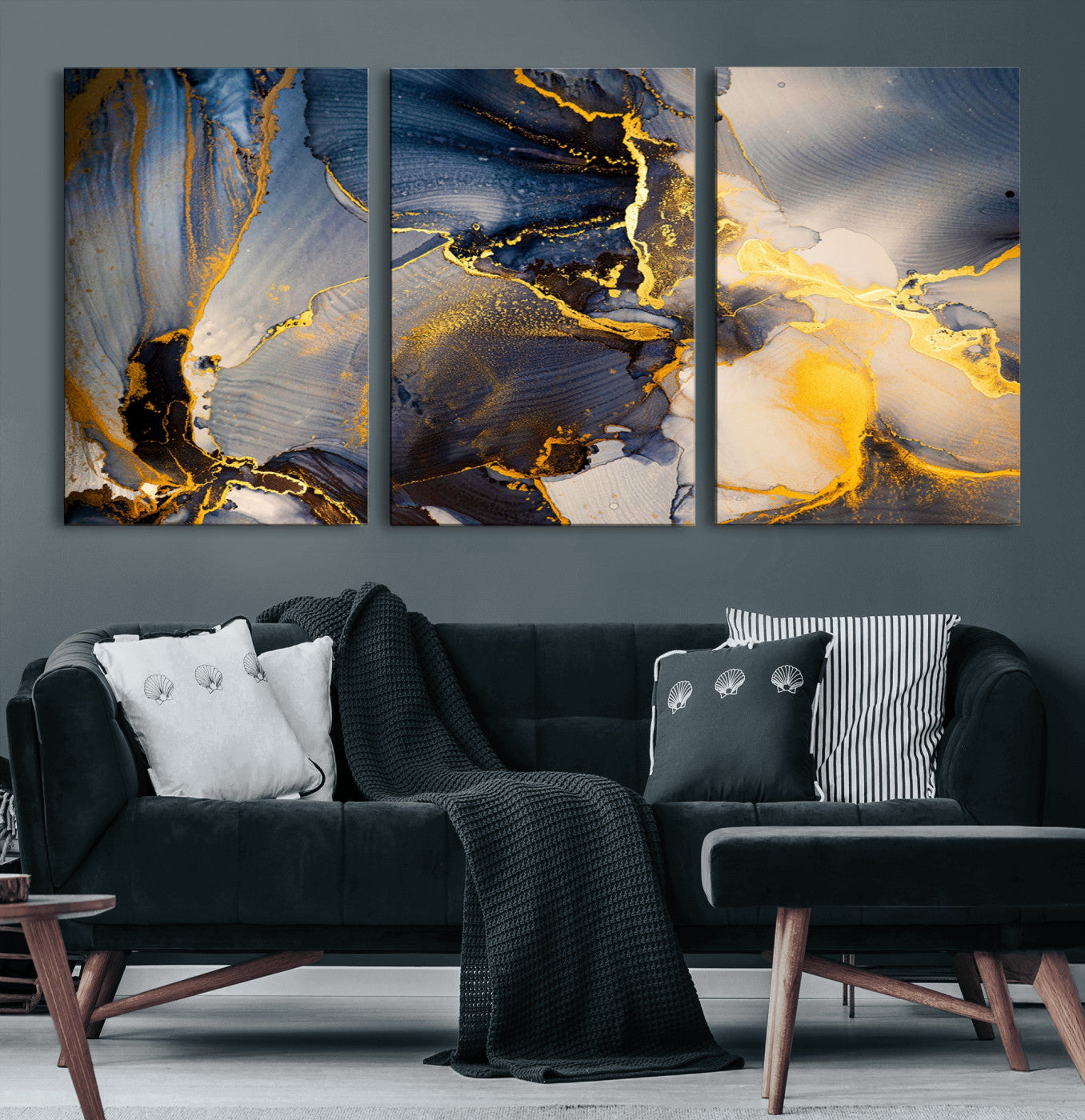 42100-MGV-CV-60X30-3P-Golden Flow Abstract Wall Art – Panoramic Modern Blue and Gold Canvas Print, Contemporary Artistic Decor for Home, Office