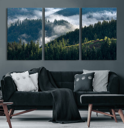 55972-MGV-CV-60X30-3P-Whispering Pines Wall Art – Panoramic Misty Forest Canvas Print, Serene Nature Decor for Home, Office or Cabin Retreat