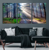 42047-MGV-CV-60X30-3P-Sunlit Forest Path Wall Art – Nature Canvas Print, Serene Woodland Landscape, Perfect Home & Office Decor for Calm and Tranquil