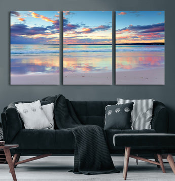 64882-MGV-CV-60X30-3P-Tranquil Sunset Beach Wall Art – Panoramic Ocean Reflection Canvas Print, Calm Coastal Decor for Bedroom, Living Room or Office
