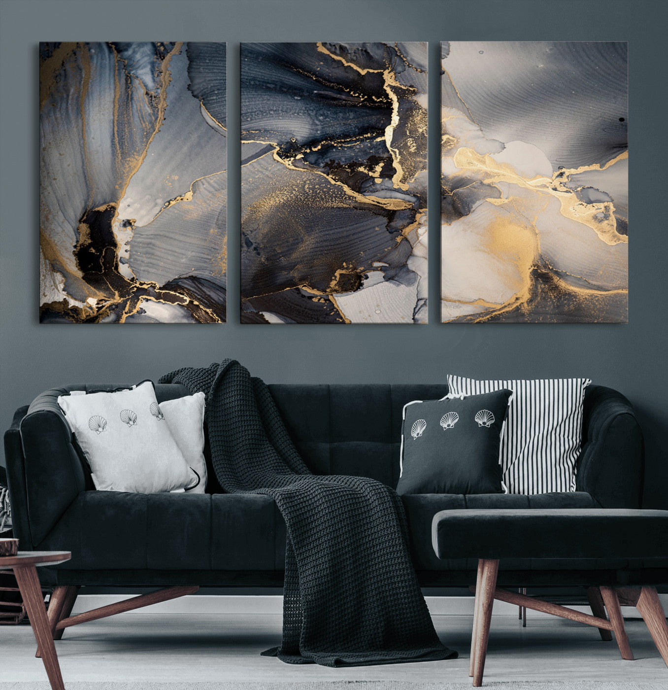 24068-MGV-CV-60X30-3P-Luxury Abstract Wall Art – Gold & Gray Fluid Ink Painting Canvas, Modern Metallic Home Decor, Elegant Office or Living Room Accent