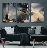 24068-MGV-CV-60X30-3P-Luxury Abstract Wall Art – Gold & Gray Fluid Ink Painting Canvas, Modern Metallic Home Decor, Elegant Office or Living Room Accent