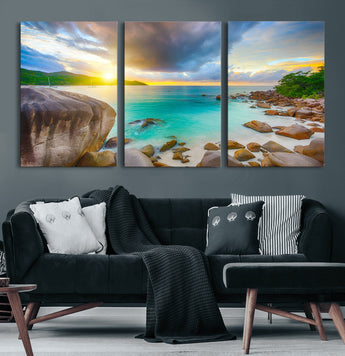 23769-MGV-CV-60X30-3P-Tropical Beach Sunset Wall Art – Serene Ocean Canvas Print, Coastal Landscape Decor for Living Room, Bedroom or Office, Peaceful