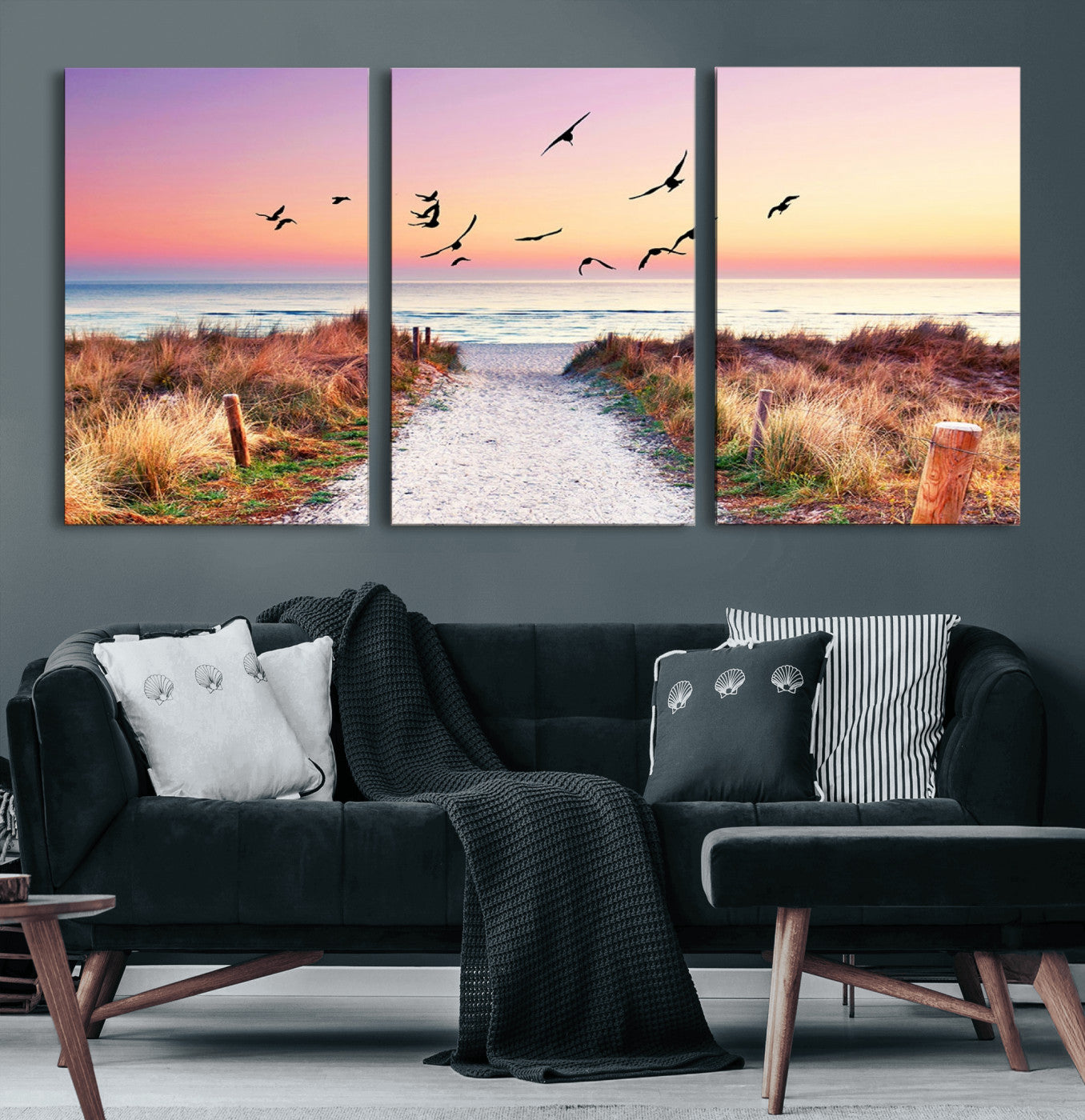 54411-MGV-CV-36X24-Beach Path with Birds Wall Art – Coastal Sunset Ocean Canvas Print, Seaside Nature Landscape Photography for Living Room, Bedroom