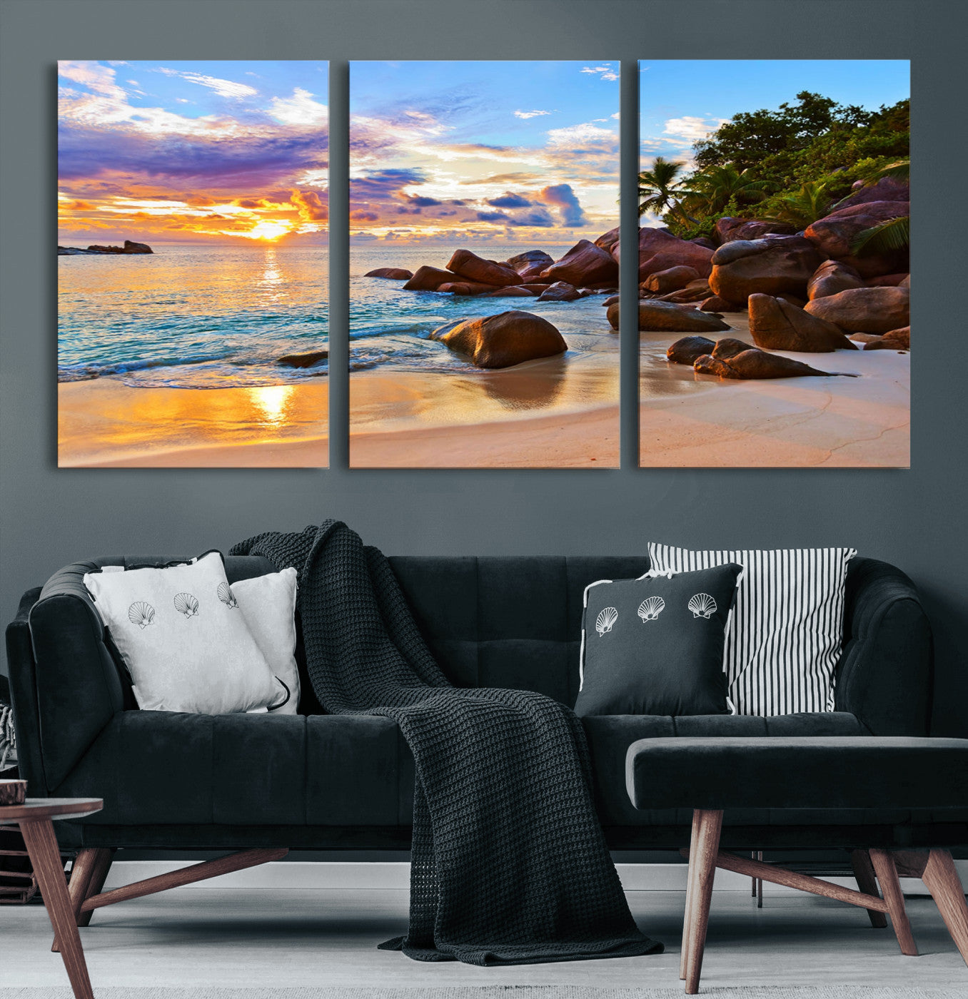 43209-MGV-CV-36X24-Tropical Beach Sunset Wall Art – Golden Ocean Waves and Palm Trees with Rocky Shore Canvas Print, Coastal Seascape Decor for