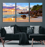 43209-MGV-CV-36X24-Tropical Beach Sunset Wall Art – Golden Ocean Waves and Palm Trees with Rocky Shore Canvas Print, Coastal Seascape Decor for