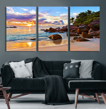 43209-MGV-CV-36X24-Tropical Beach Sunset Wall Art – Golden Ocean Waves and Palm Trees with Rocky Shore Canvas Print, Coastal Seascape Decor for