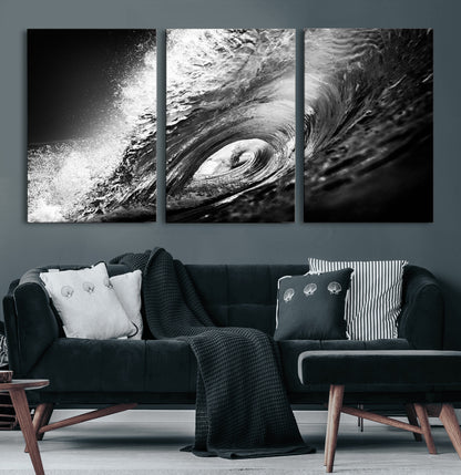 22702-MGV-CV-36X24-Black and White Ocean Wave Wall Art – Powerful Surf Curl Photography Canvas Print, Modern Coastal Decor for Living Room, Office or