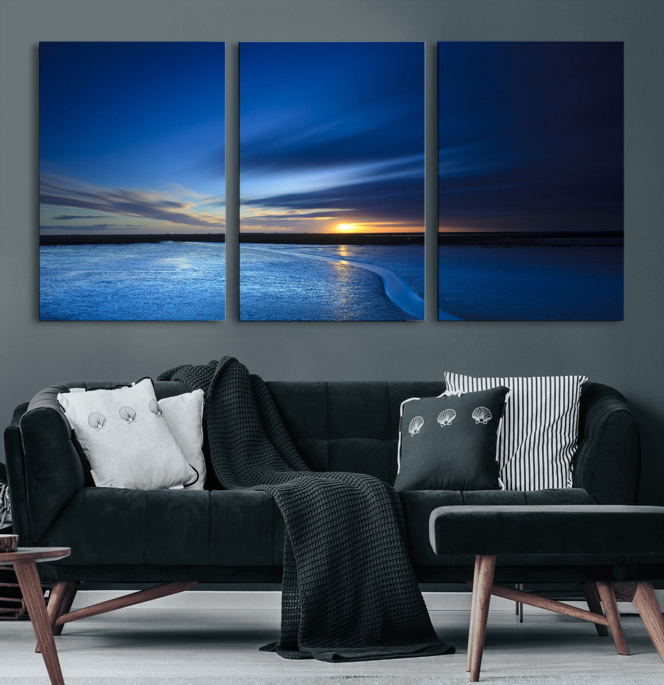 65405-MGV-CV-36X24-Blue Sunrise Seascape Wall Art – Tranquil Ocean Horizon Canvas Print with Golden Sunlight and Deep Sky, Coastal Landscape Decor