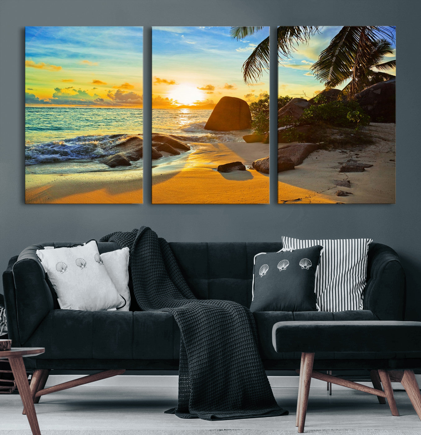 26181-MGV-CV-36X24-Golden Tropical Sunset Beach Wall Art – Ocean Canvas Print with Palm Trees and Rocks, Coastal Paradise Decor for Living Room or