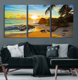 26181-MGV-CV-36X24-Golden Tropical Sunset Beach Wall Art – Ocean Canvas Print with Palm Trees and Rocks, Coastal Paradise Decor for Living Room or