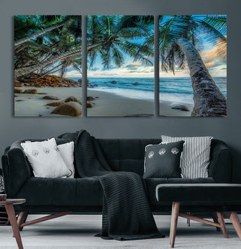 39679-MGV-CV-36X24-Tropical Palm Beach Wall Art – Serene Ocean Canvas Print with Palm Trees and Rocks, Coastal Paradise Decor for Living Room or