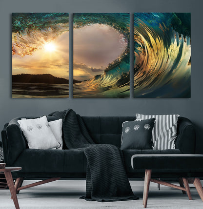 38256-MGV-CV-36X24-Ocean Wave Wall Art – Stunning Sunrise Through Curling Wave Canvas Print, Coastal Surf Photography Seascape Decor for Living Room,
