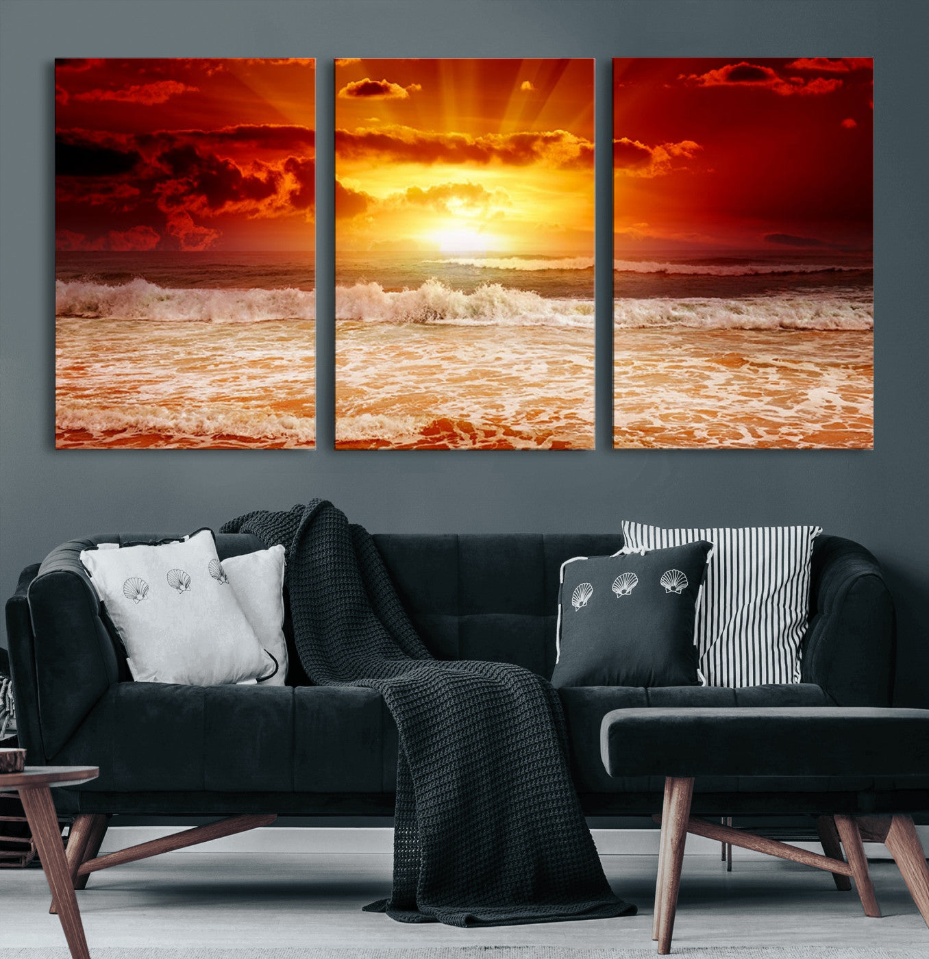60211-MGV-CV-60X30-3P-Fiery Sunset Ocean Waves Canvas Print – Vibrant Red & Orange Coastal Wall Art, Dramatic Seascape Decor