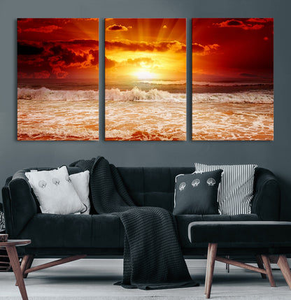 60211-MGV-CV-36X24-Fiery Sunset Ocean Wall Art – Red Sky Seascape Canvas Print with Waves, Bold Coastal Sunset Decor for Living Room or Bedroom