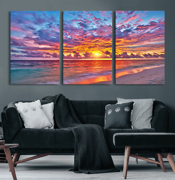 72836-MGV-CV-36X24-Fiery Sunset Beach Wall Art – Panoramic Vibrant Ocean Canvas Print, Dramatic Coastal Decor for Living Room, Bedroom or Office