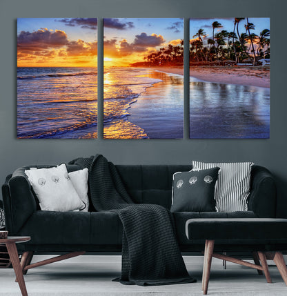 19917-MGV-CV-36X24-Tropical Sunset Beach Wall Art – Panoramic Palm Trees and Ocean Canvas Print, Vibrant Coastal Decor for Living Room, Office or Man